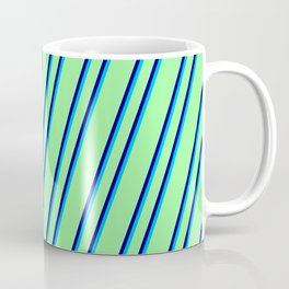 [ Thumbnail: Green, Blue & Deep Sky Blue Colored Stripes Pattern Coffee Mug ]