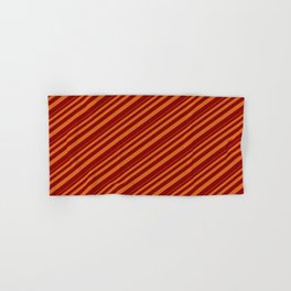 [ Thumbnail: Chocolate and Dark Red Colored Lined/Striped Pattern Hand & Bath Towel ]