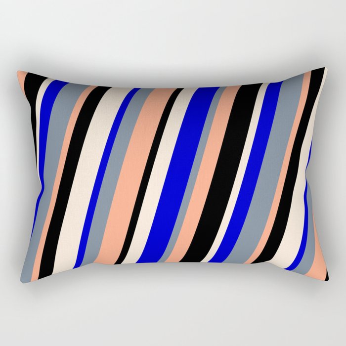 Colorful Blue, Slate Gray, Light Salmon, Black, and Beige Colored Lined/Striped Pattern Rectangular Pillow
