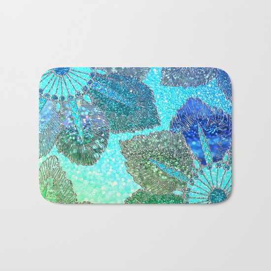 Aqua Green and Blue Glitter Flowers on #Society6 Bath Mat