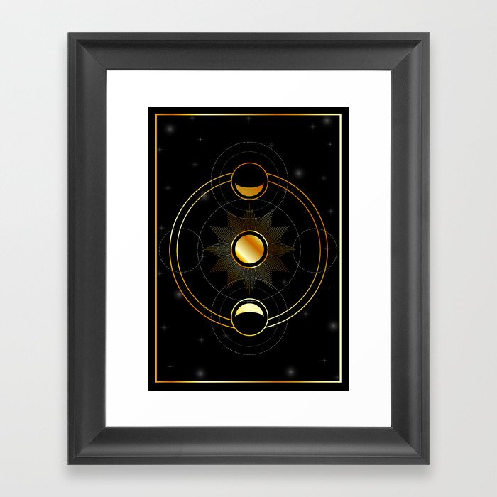 Sun and waxing and waning golden moons in space Framed Art Print