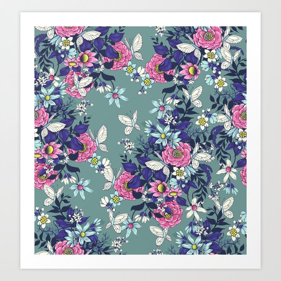 Thea's Garden - in teal tones Art Print