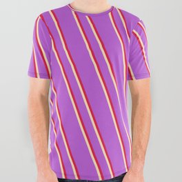 [ Thumbnail: Orchid, Crimson, and Beige Colored Lined/Striped Pattern All Over Graphic Tee ]