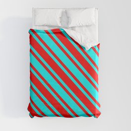 [ Thumbnail: Aqua and Red Colored Lined Pattern Duvet Cover ]
