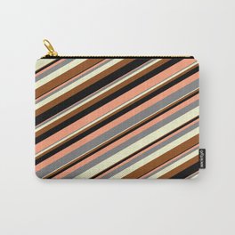 [ Thumbnail: Colorful Light Salmon, Grey, Light Yellow, Brown, and Black Colored Stripes Pattern Carry-All Pouch ]