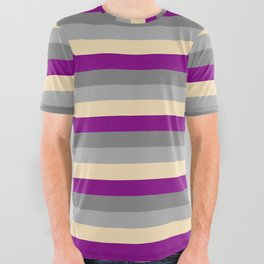 [ Thumbnail: Purple, Gray, Dark Grey, and Tan Colored Lined Pattern All Over Graphic Tee ]