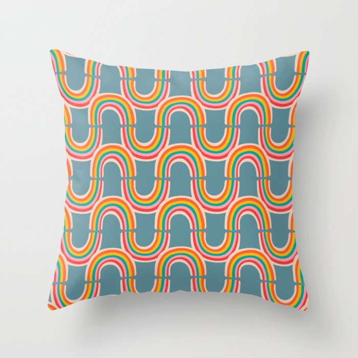 RAINBOW REFLECTION in BRIGHTS ON PASTEL BLUE GRAY Wavy Abstract Rainbow Stripes Throw Pillow