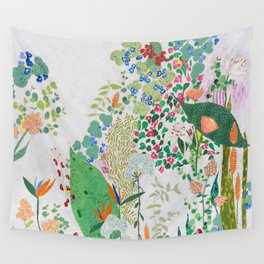 Painterly Floral Jungle on Pink and White Wall Tapestry