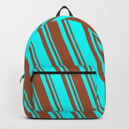 [ Thumbnail: Sienna & Cyan Colored Striped/Lined Pattern Backpack ]
