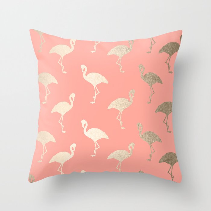 Gold Flamingo Pattern Coral Pink Throw Pillow