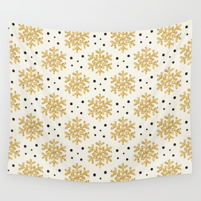 Gold Snowflakes and Black Polka Dots Seamless Pattern on Cream Wall Tapestry