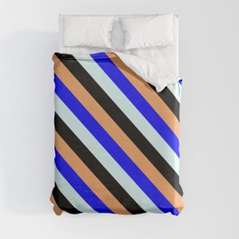 [ Thumbnail: Brown, Blue, Light Cyan & Black Colored Stripes/Lines Pattern Duvet Cover ]
