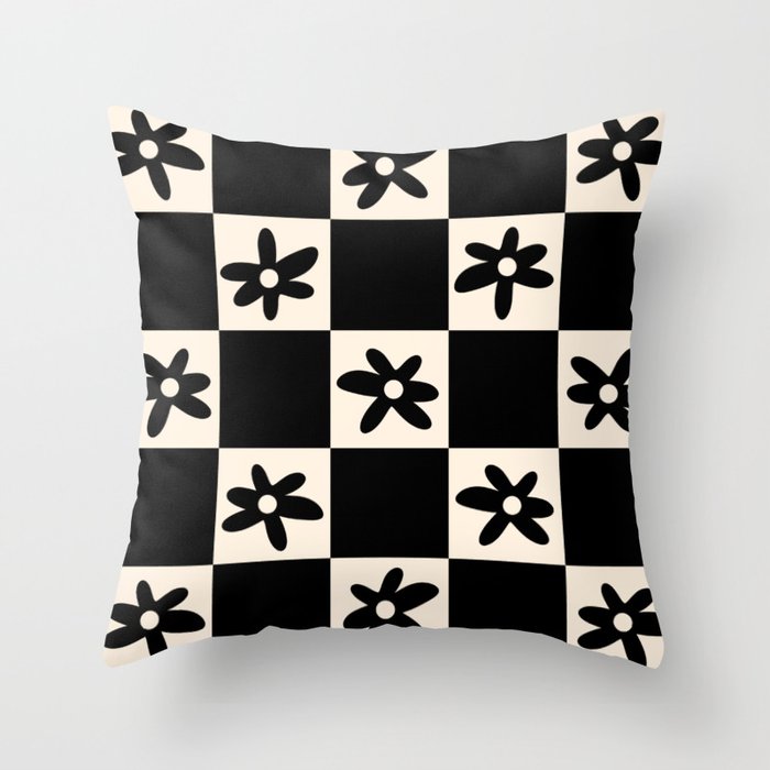 Flower Check Checkerboard Geometric Floral Pattern Black and Almond Cream Throw Pillow