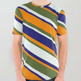 [ Thumbnail: Midnight Blue, Dark Orange, Dark Olive Green, and Mint Cream Colored Pattern of Stripes All Over Graphic Tee ]