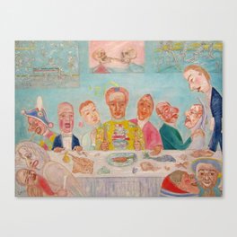 Banquet of the Starved, comical repast the last supper with skeleton portraits grotesque art portrait painting by James Ensor Canvas Print