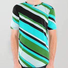 [ Thumbnail: Aqua, Forest Green, Light Cyan, and Black Colored Lines/Stripes Pattern All Over Graphic Tee ]