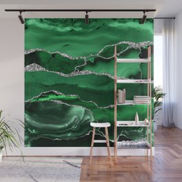 Glamour Emerald Bohemian Watercolor Marble With Silver Glitter Veins Wall Mural