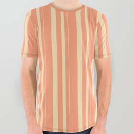 [ Thumbnail: Beige & Light Salmon Colored Pattern of Stripes All Over Graphic Tee ]