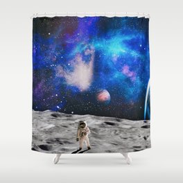 Astronaut looks up at an alien sun that illuminates the barren world he stands on.  Elements of this image furnished by NASA Shower Curtain
