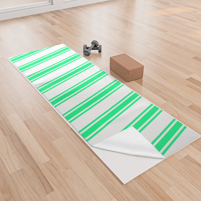 White and Green Colored Lines Pattern Yoga Towel