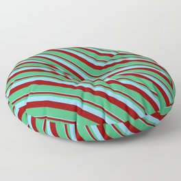 [ Thumbnail: Sky Blue, Dark Red & Sea Green Colored Striped Pattern Floor Pillow ]