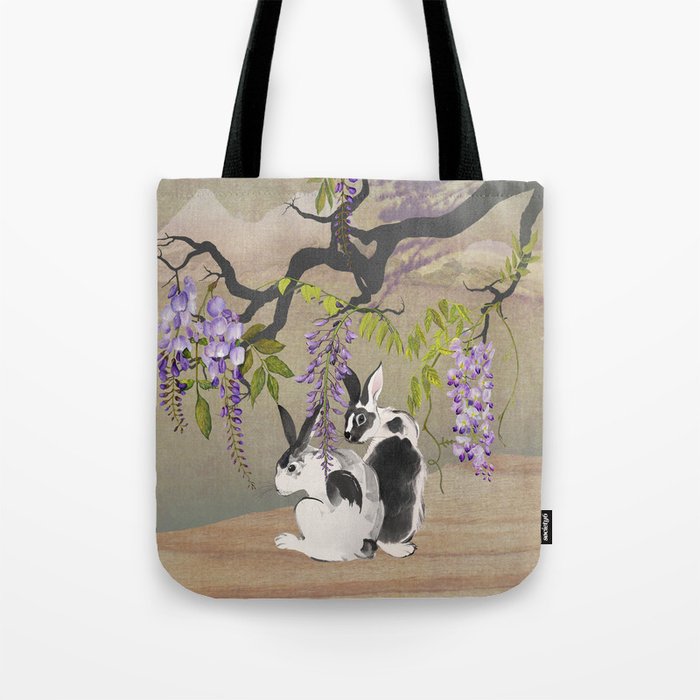 Two Rabbits Under Wisteria Tree Tote Bag