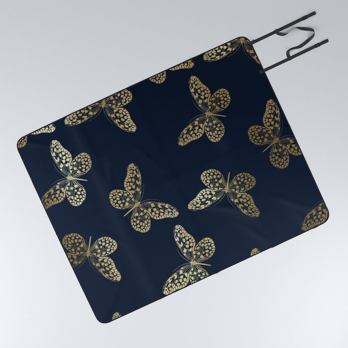 Exotic Butterfly Art on Navy and Gold Picnic Blanket