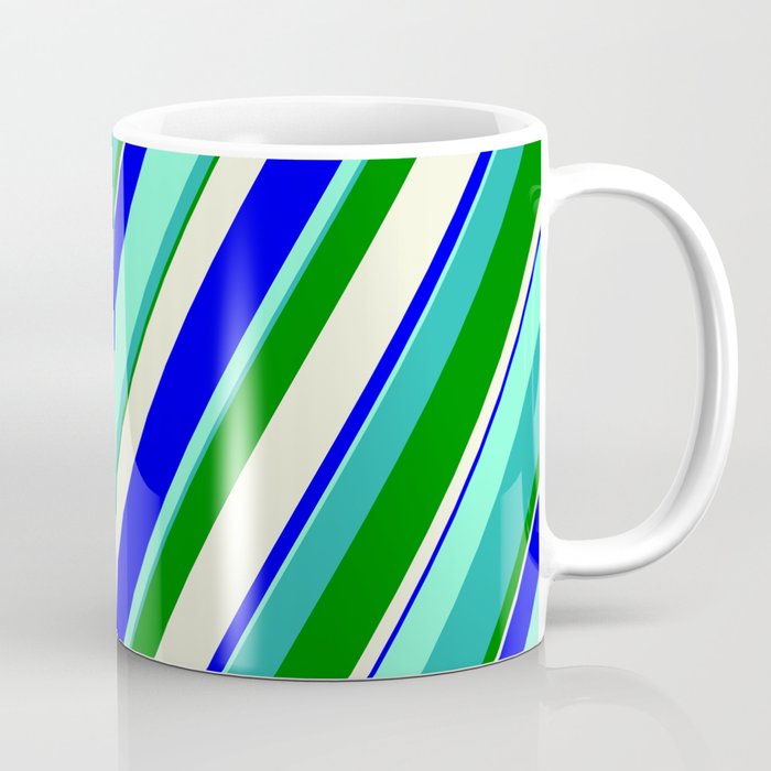 Vibrant Aquamarine, Light Sea Green, Green, Beige, and Blue Colored Lines Pattern Coffee Mug