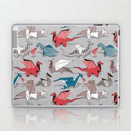 Origami dragon friends // linen texture background blue red grey and taupe fantastic creatures Laptop Skin