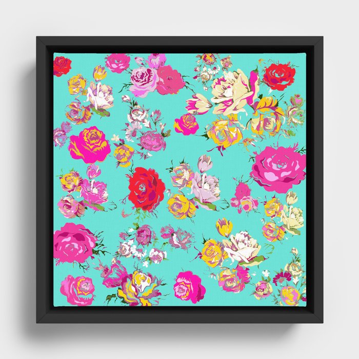 Vintage Inspired Floral in Pinks, Yellow, Red, Cream, and White on Turquoise/Mint Blue Framed Canvas