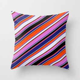 [ Thumbnail: Vibrant Red, Orchid, Midnight Blue, Lavender, and Black Colored Lines Pattern Throw Pillow ]