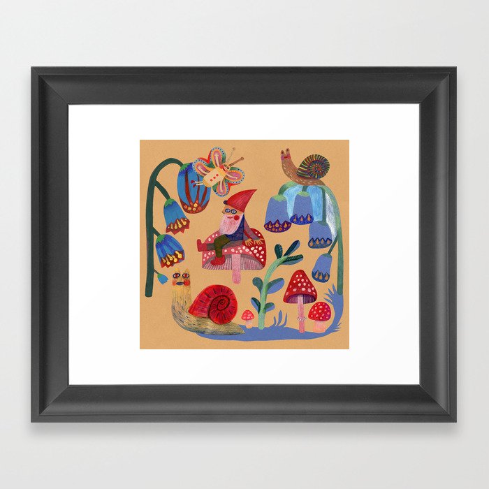 Gnome, snails and butterfies Framed Art Print