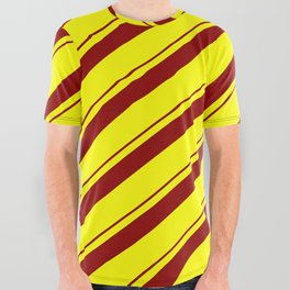 [ Thumbnail: Dark Red and Yellow Colored Lines/Stripes Pattern All Over Graphic Tee ]