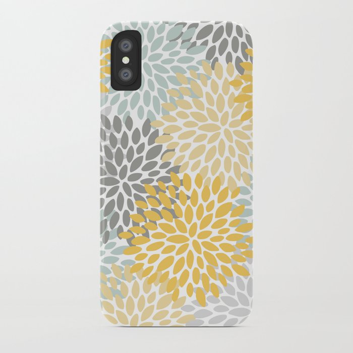 floral pattern, yellow, pale, aqua, blue and gray iphone case