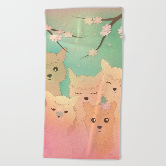 Alpaca Family II - Mint Green Spring Cherry Blossom Background Beach Towel