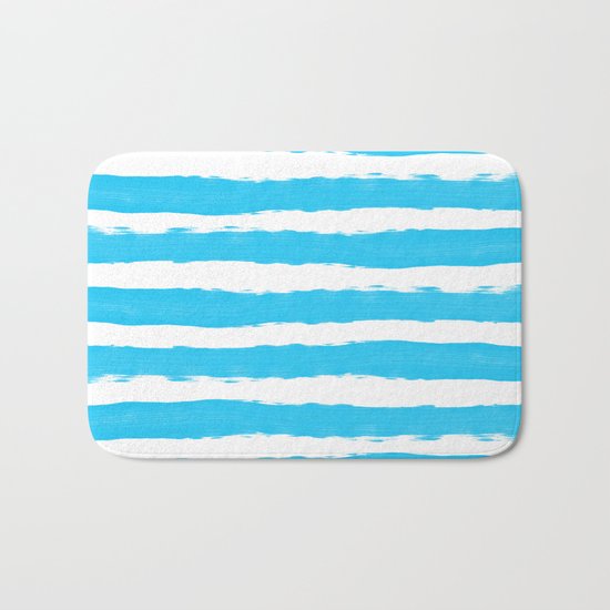 Simple aqua and white handrawn stripes - horizontal - for your summer on #Society6 Bath Mat