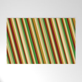 [ Thumbnail: Eye-catching Forest Green, Dark Khaki, Tan, Dark Goldenrod & Maroon Colored Stripes Pattern Welcome Mat ]