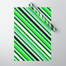 [ Thumbnail: Aquamarine, Mint Cream, Lime, and Black Colored Pattern of Stripes Wrapping Paper ]
