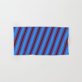 [ Thumbnail: Blue & Dark Red Colored Striped/Lined Pattern Hand & Bath Towel ]