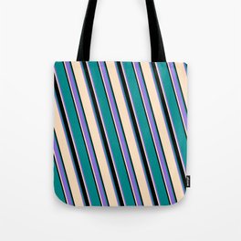 [ Thumbnail: Bisque, Black, Dark Cyan, and Purple Colored Striped Pattern Tote Bag ]