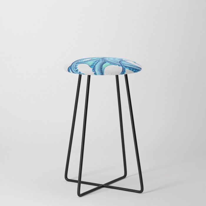 Blue Octopus on White Dance Ink Marine Nautical Counter Stool
