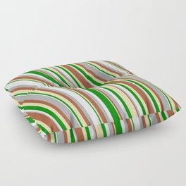 [ Thumbnail: Vibrant Dark Grey, Sienna, Tan, Green & White Colored Lined Pattern Floor Pillow ]