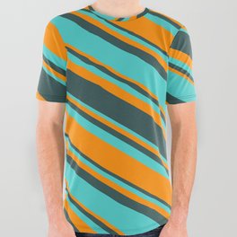 [ Thumbnail: Turquoise, Dark Orange & Dark Slate Gray Colored Pattern of Stripes All Over Graphic Tee ]
