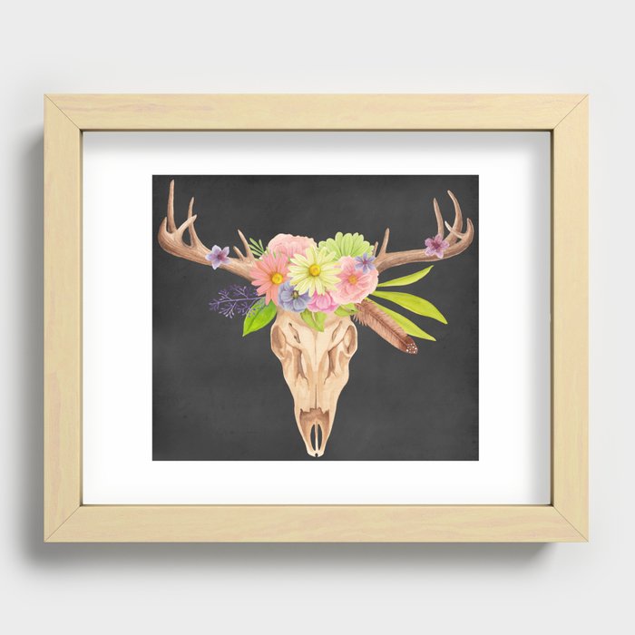Deer Skull and Flowers Recessed Framed Print