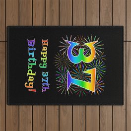[ Thumbnail: 37th Birthday - Fun Rainbow Spectrum Gradient Pattern Text, Bursting Fireworks Inspired Background Outdoor Rug ]