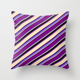 [ Thumbnail: Purple, Medium Slate Blue, Beige, and Black Colored Striped/Lined Pattern Throw Pillow ]