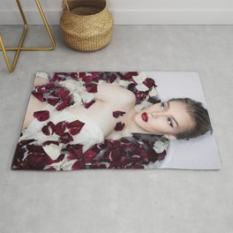 Rose Petals and Porcelain Beauty; blond model in vintage bathtub color photograph - photographs - photography wall decor Rug | Photo, Model, Female, Nude, Red, Woman, Rose, Blond, Pretty, Petals 