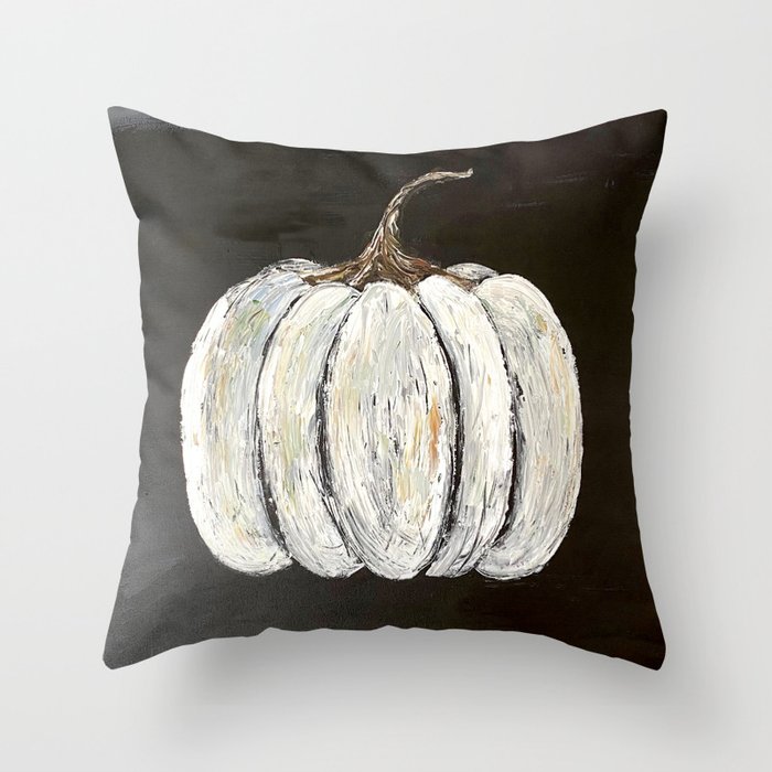 Rustic White Pumpkin on Black Background Throw Pillow