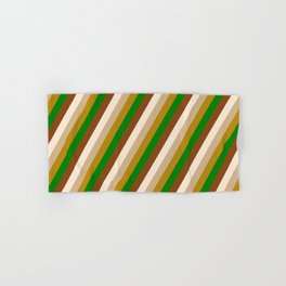 [ Thumbnail: Colorful Tan, Dark Goldenrod, Green, Brown & Beige Colored Striped/Lined Pattern Hand & Bath Towel ]
