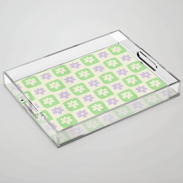 Hand-Drawn Checkered Flower Shapes Pattern Acrylic Tray